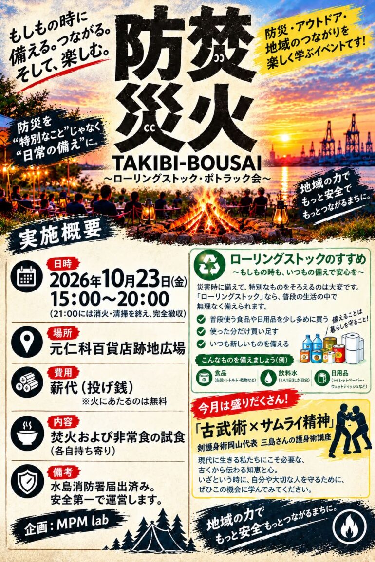 2026年10月23日開催「焚災（TAKIBI-BOUSAI）」のイベントチラシ