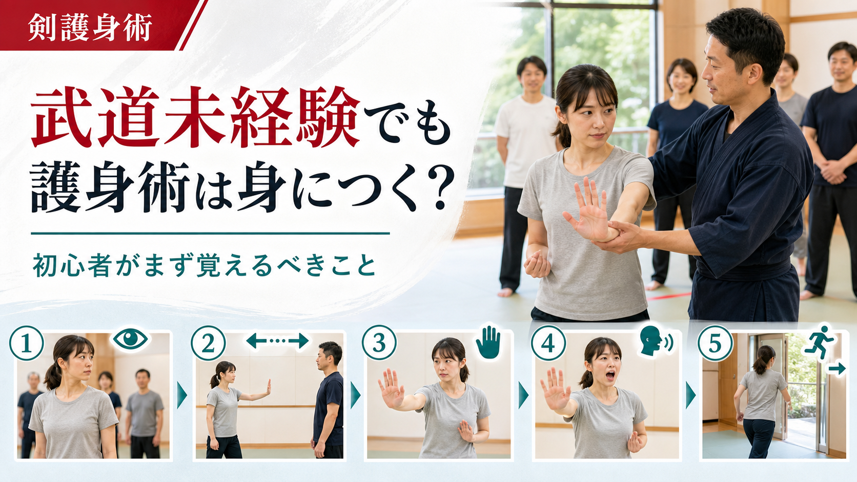 武道未経験の初心者が護身術の基本を段階的に学ぶ画像