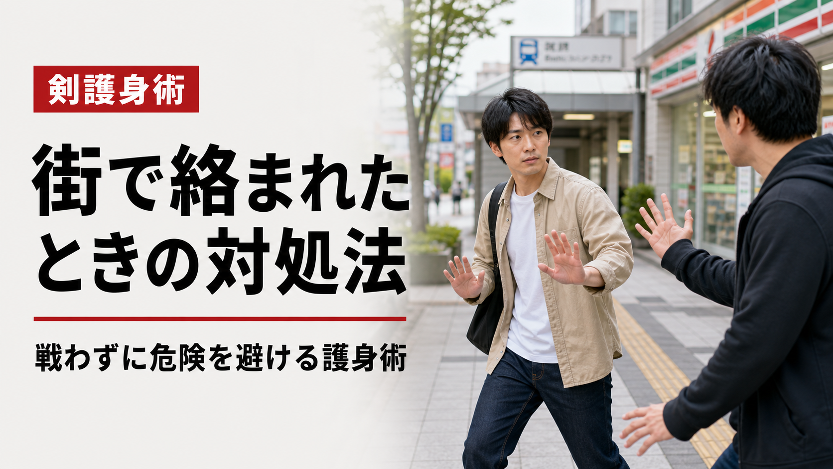 街で絡まれたときに距離を取り、戦わずに危険を避ける護身術