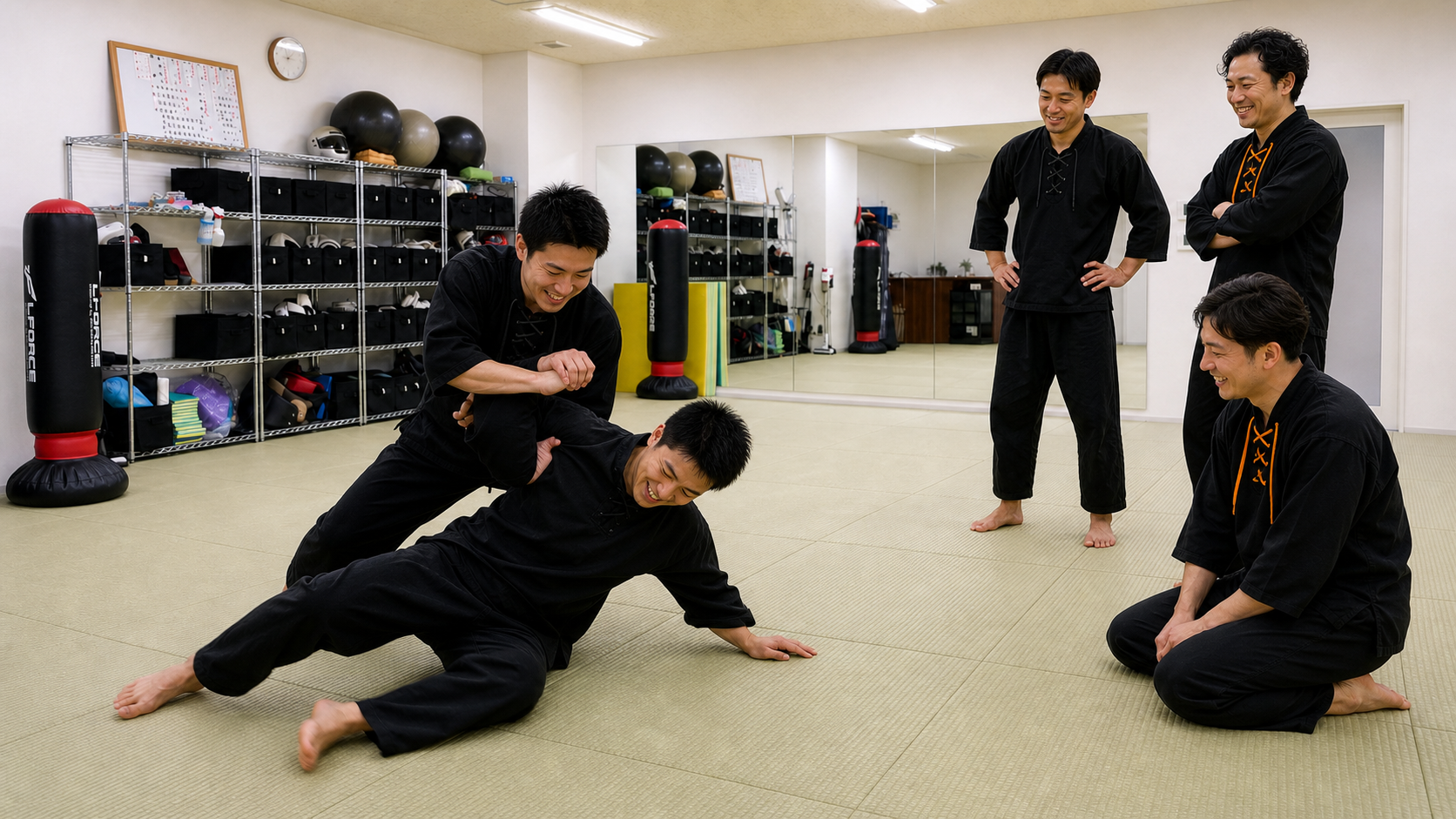 笑顔で護身術の稽古を楽しむ会員の皆さん