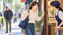 安全な店舗で店員に声を掛けて助けを求める女性のイラスト